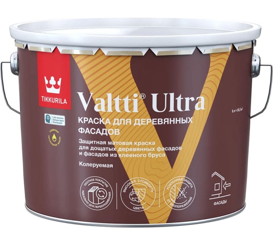 Краска для деревянных фасадов VALTTI ULTRA A мат 9л (1)