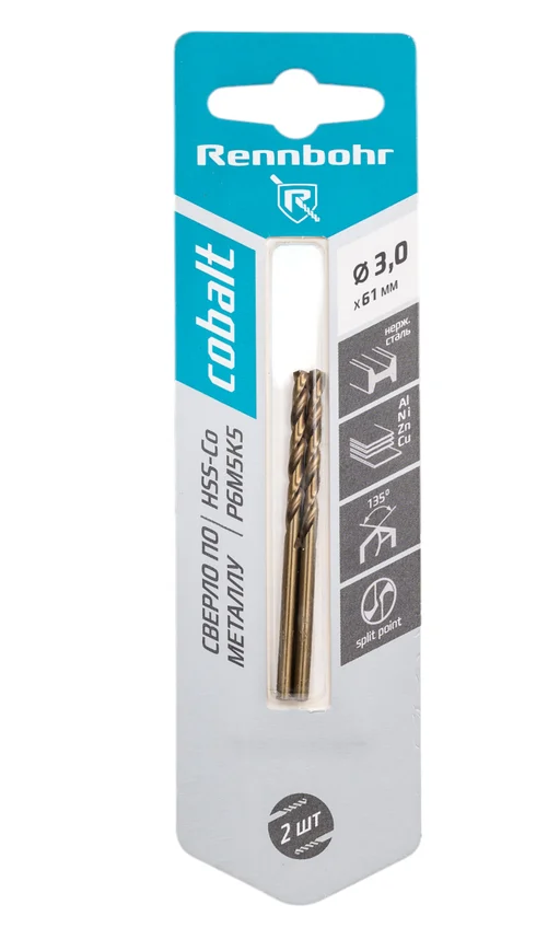 Сверло по металлу, 3-гр. хвост.,  5,0х86мм, HSS-Co, Р6М5К5, 1шт/уп, RENNBOHR COBALT CARD
