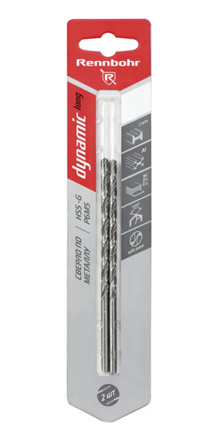 Сверло по металлу ЦХ,  8,0х165мм, HSS-G, P6M5, 1шт/уп, RENNBOHR DYNAMIC LONG CARD