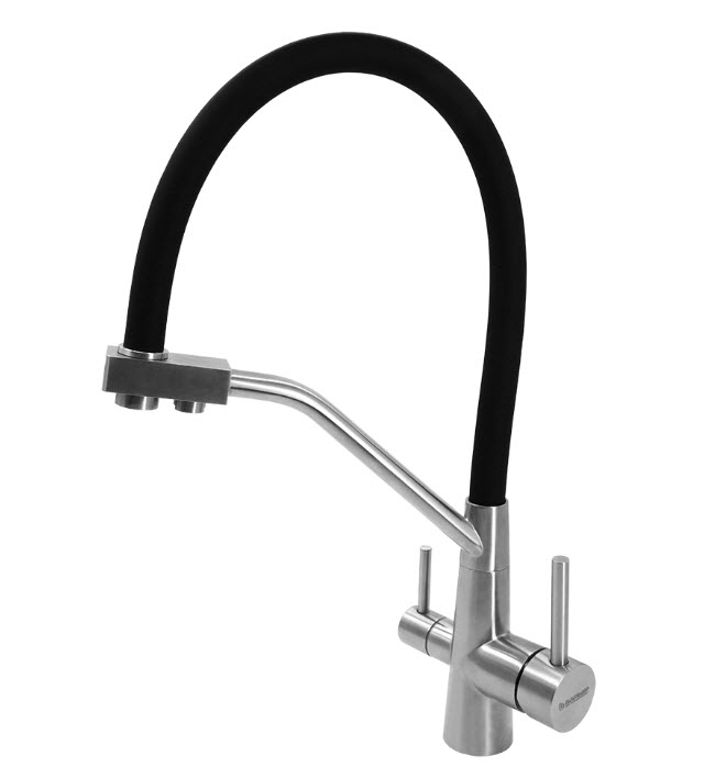 Смеситель для кухни с краном для питьевой воды Барьер SAFE-04SSNB Сатиновый никель с черным изливом