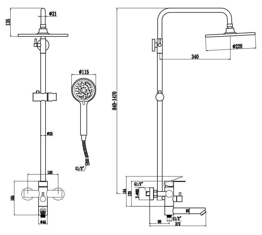 Душевая система со смесителем Orlando Black нерж. сталь, арт. ST260OLB, ESKO2