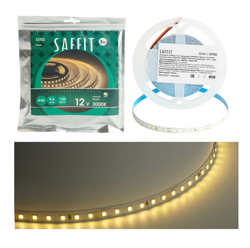 Лента светодиодная SST02 SAFFIT 120SMD(2835)/м 9.6Вт/м 12V 5000*8*1.22мм 3000К, IP20 ( _ )