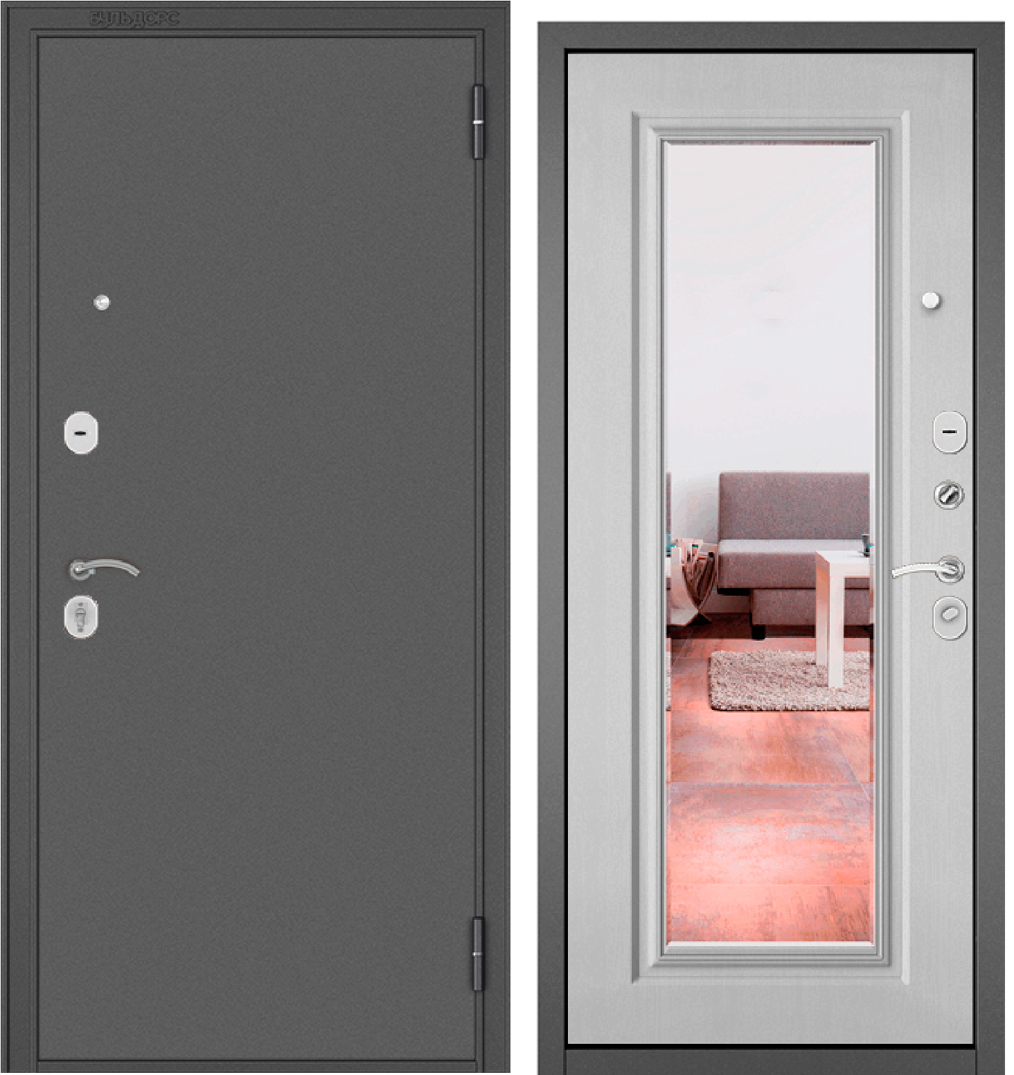 Дверь метал FAMILY ECO Антрацит, Дуб бел скандин, Е-140, зеркало, 2050, 960 L