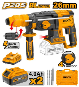 Перфоратор акк. INGCO  бесщет.  20Вт. 2 Акб, 4Ач, кейс, 1100об/м, 2Дж