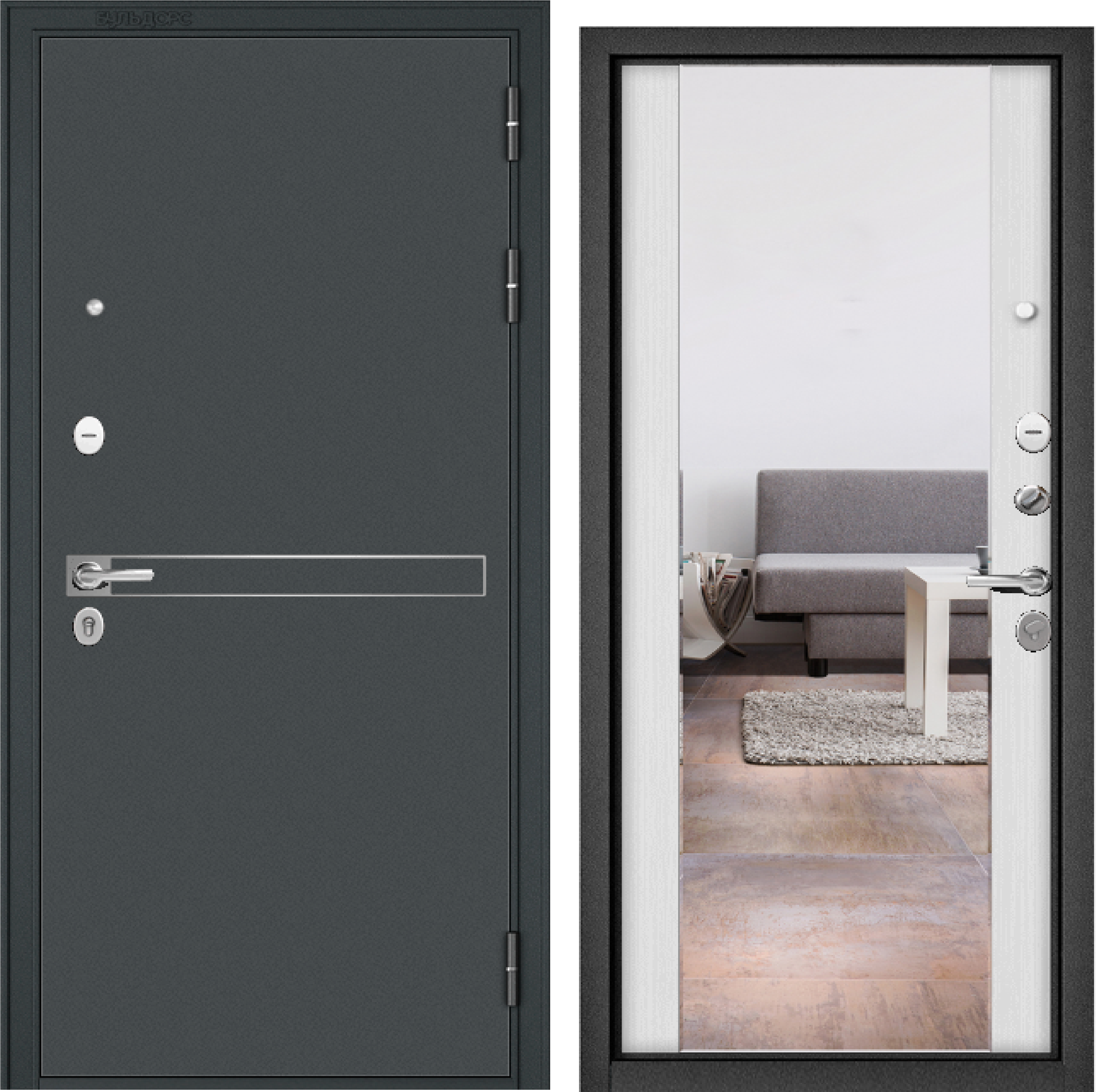 Дверь TRUST MASS Черный муар, D-4, Белый ларче, 9S-164, зеркало, 2050, 860 R