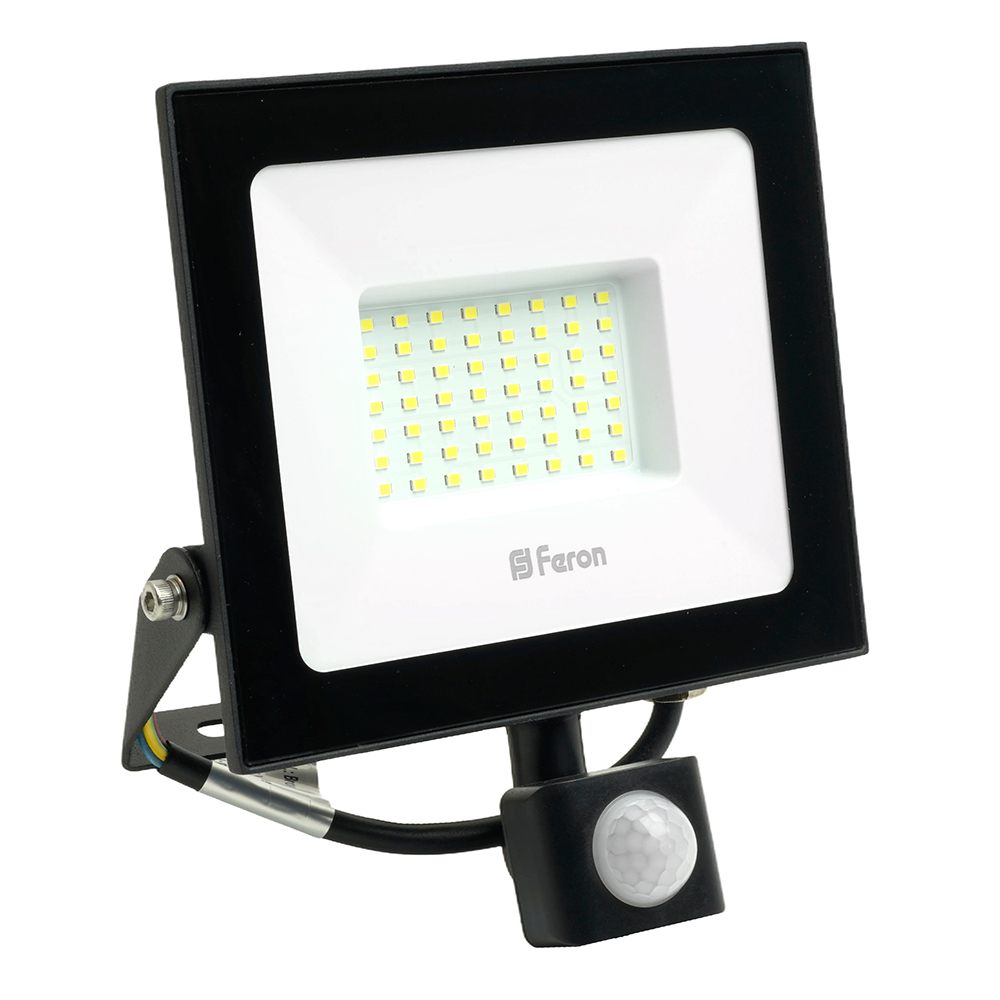 Прожектор светодиодный с датчиком движения 50W 6400K 230V черный IP44, LL-908 Feron (_10_)