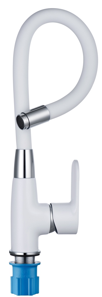 Смеситель CALORIE для кухни 2529 А45М Люкс (белый/хром) на гайке с гибким белым гусаком (10 шт/кор) 