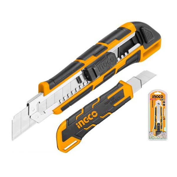 Нож канцелярский 18мм INGCO HKNS28035, 3 лезвия, автомат (96)