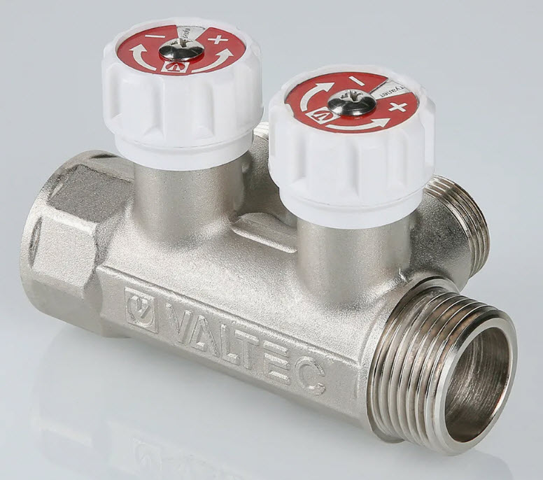 Коллектор с регул. вентилями, 1"х2 вых. Евроконус 3/4" (на подающий трубопровод)