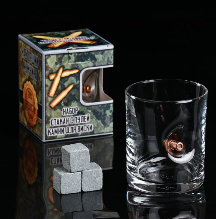 Набор стакан и камни для виски "Военный", с пулей, 3 камня в мешочке, 250 мл 5374232											