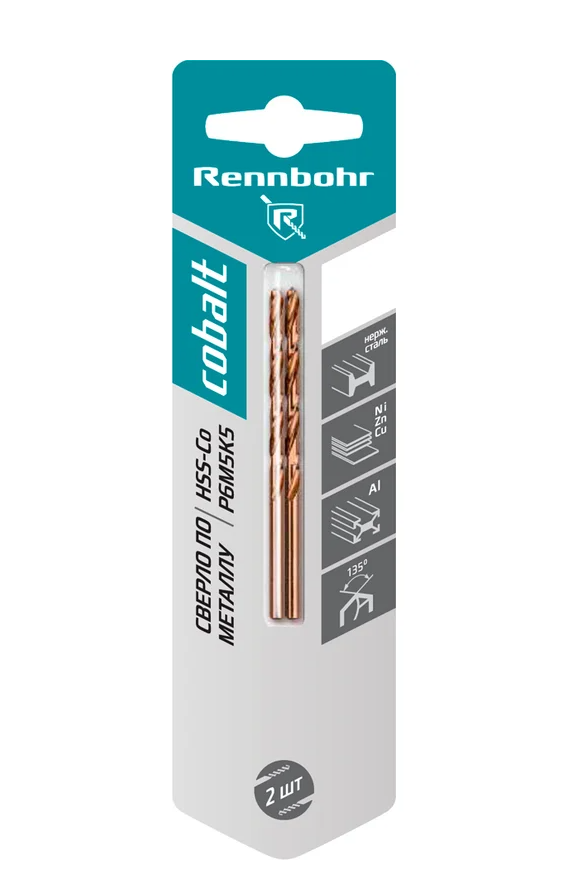 Сверло по металлу, 3-гр. хвост.,  6,0х93мм, HSS-Co, Р6М5К5, 1шт/уп, RENNBOHR COBALT CARD