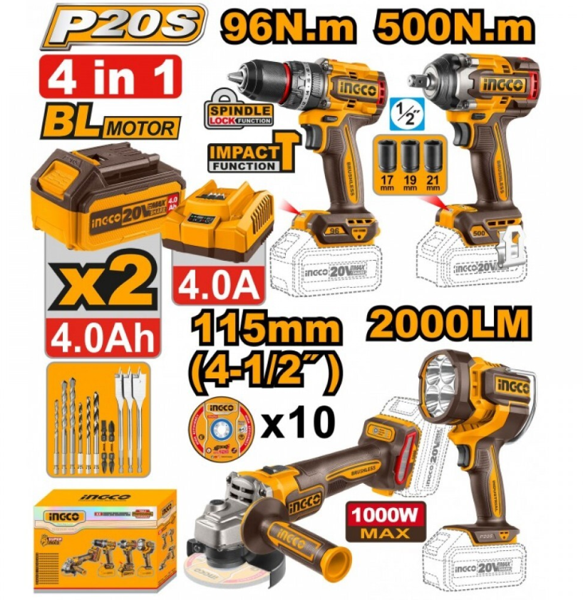 Набор шуруповерт 96Hm + гайковерт 500Hm + УШМ 115мм+ фонарь 2000LM. 20В INGCO COSLI241292 INDUSTRIAL