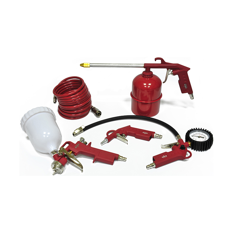 Набор пневмоинструмента,5шт:пистолеты прод,мовил,нак.шин,шланг,краскопульт(верх.бак,пластик)