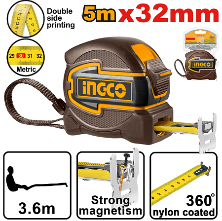 Рулетка INGCO 5м*32мм обрезиненная 