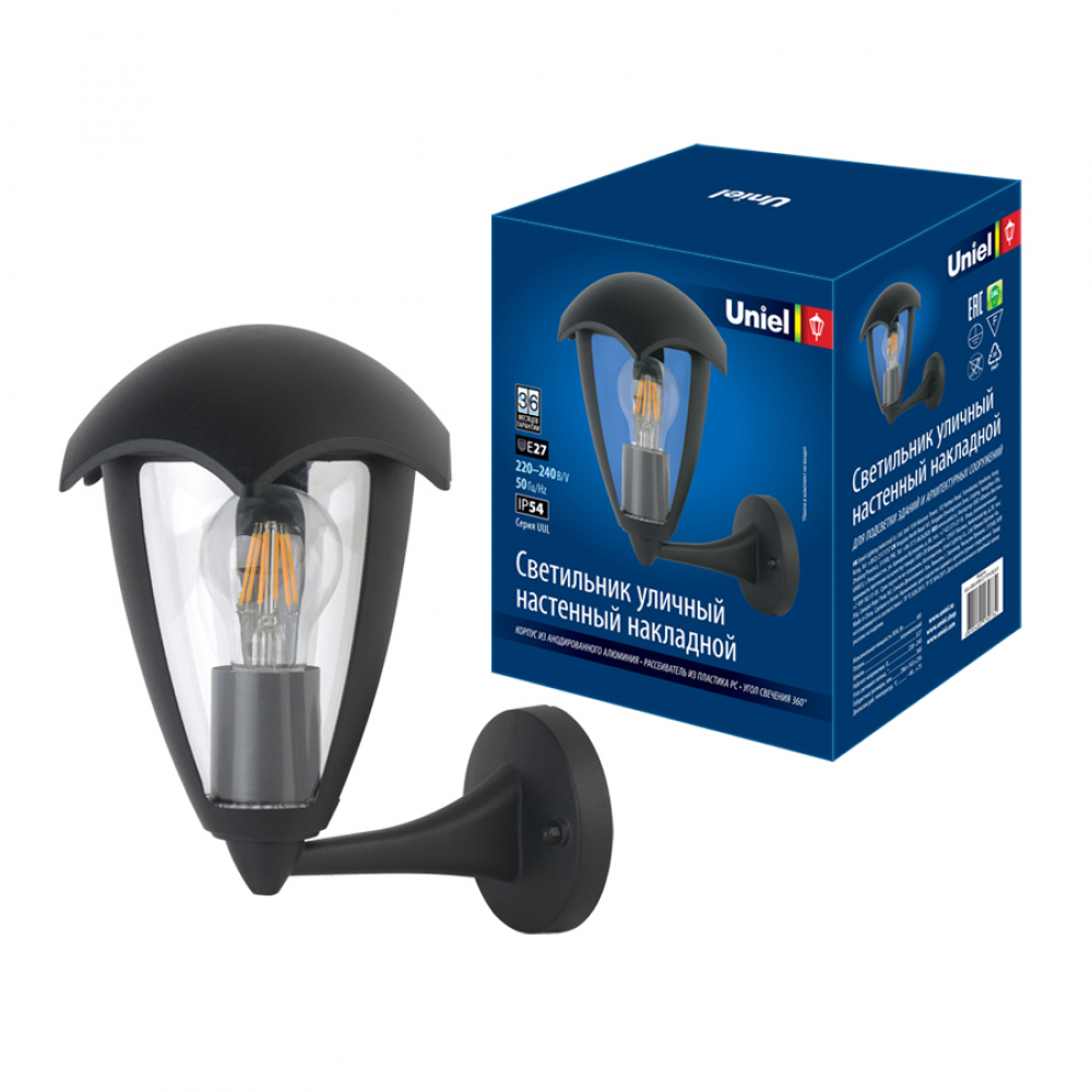 Светильник уличный, под лампу Е27 накладной. Корпус черны UUL-S80A 60W/E27 IP54 BLACK (10)