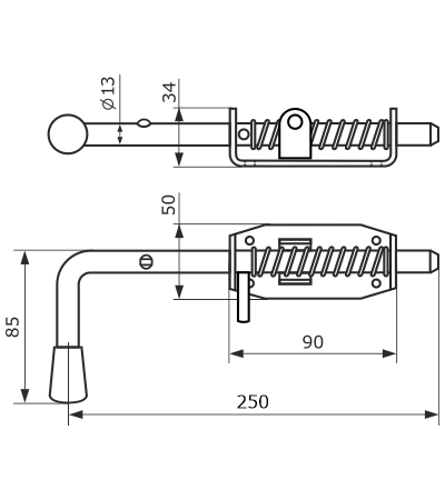 Засов пружинный Домарт (90) 250мм мод.2 (с проушиной), цинк (10)