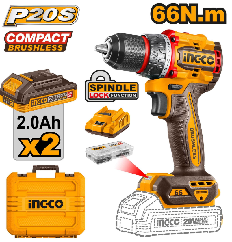 Шуруповерт INGCO CDLI20668 бесщеточный Li-ion 20.0В, 2Ач, 66 Нм, 2акб, кейс INDUSTRIAL