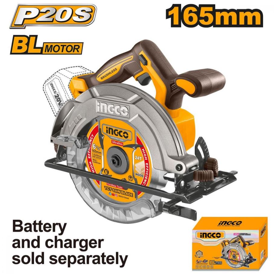 Пила циркулярная INGCO, аккумуляторная 20В, без АКБ 4600 об/мин, диск 165мм, посад диам 20 мм (4)