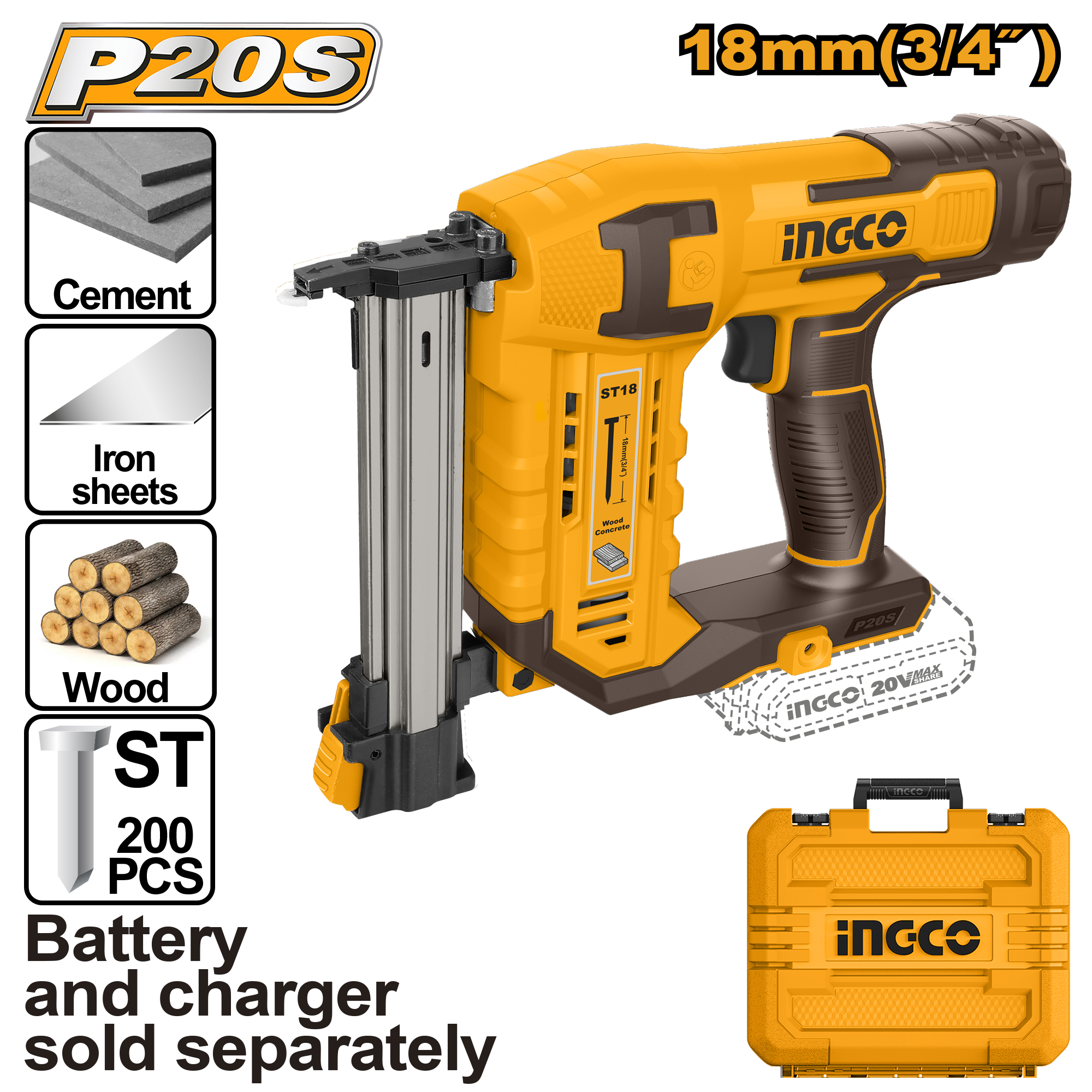 Нейлер аккумуляторный  18мм 20 В SUPER INGCO Без АКБ и З/У CSTLI3805 INDUSTRIAL тип гвоздей ST18 (6)