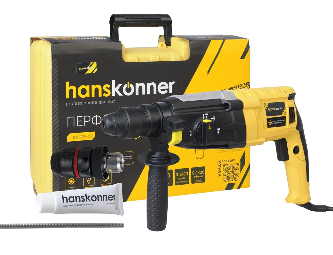Перфоратор Hanskonner, 850Вт, 28мм, 3.2Дж, 0-5100уд/мин, 3 реж, БЗП, 4м кабель, кейс