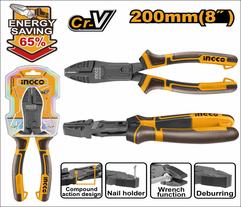 Плоскогубцы 200мм INGCO HCCP58200 INDUSTRIAL комбинированные, двухкомпонентные ручки (20)