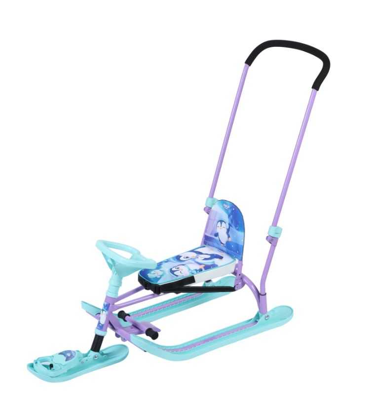 Снегокат «Twiny 2+» с пингвинятами, со спинкой, с родительской ручкой, голубой, фиолетовый