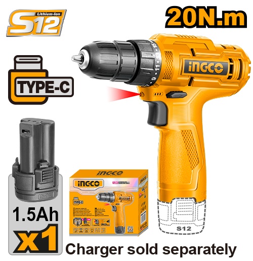 Шуруповерт INGCO Li-lon 12.0 В, 1.5 Ач, 20 Нм, Type-C, патрон 10мм CDLI12428 (1)